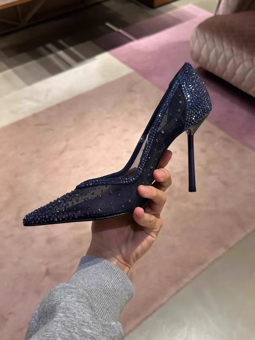 Blue Mesh Diamond Studded Pointed High-Heeled Shoes with Fine Heels Crystal Shoes, New Slim Heels Hollowed Out Lace Single Shoes
