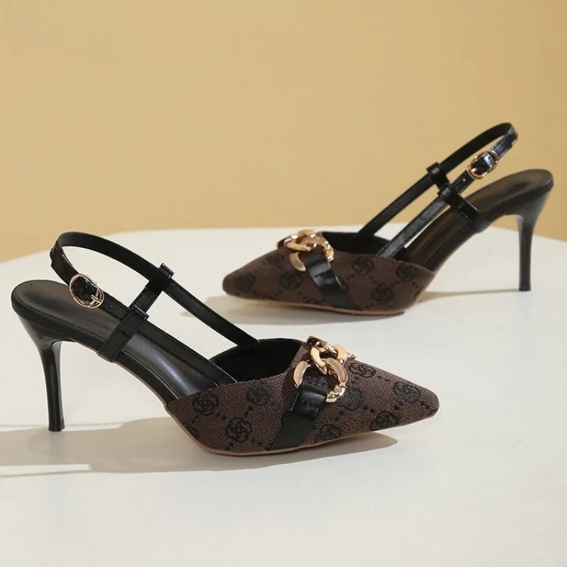 2025 Women's Fashion Baotou Sandals Spring New Pointed Head Shallow Mouth Metal Buckle Anti-slip Wear-resistant High Heels