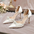 2026 New String Bead Pumps Pointed Thin Heels White Wedding Shoes Bridesmaid High Heels Sexy Satin Single Shoes