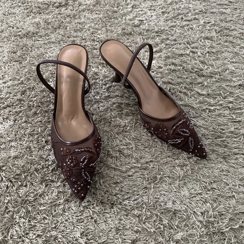 2026 String Bead Mesh Embroider Slingback High Heels Women Sexy Pointed Toe Heeled Sandals Summer Elegant Luxury Designer Shoes
