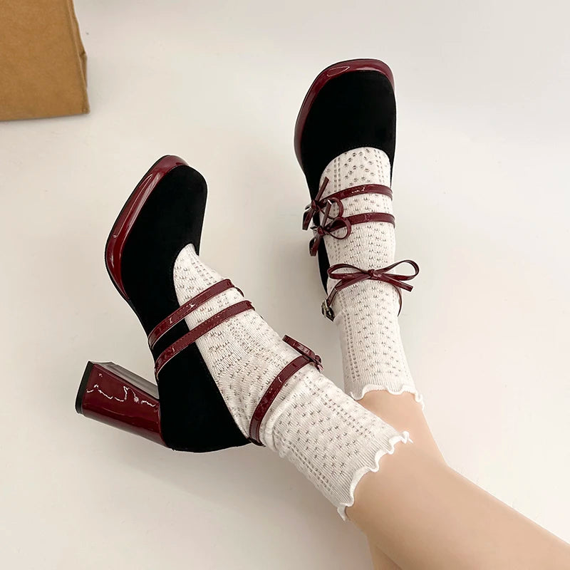 Designer New Spring Thick Heel Women Mary Jane Shoes Butterfly-knot Buckle Strap Shoes Ladies Elegant Party Dress Pumps