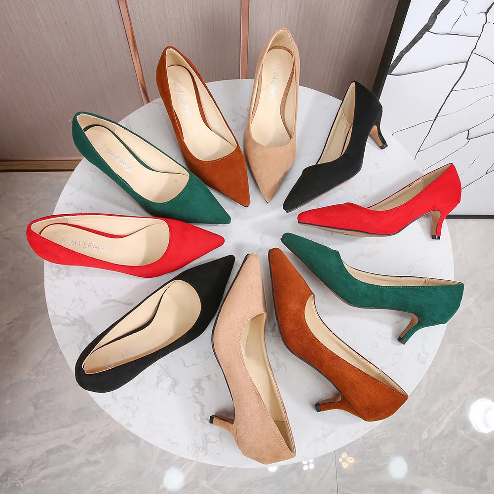 Low Heel Pumps Lady Pointed Toe Kitten Heels Female Green Flock Plus Size spring Red Shoes  Women 5cm High Heels