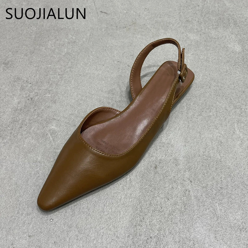 SUOJIALUN 2023 Spring New Shallow Slip On Women Slingback Shoes Soft Casual Ladies Sandal Shoes Flat Heel Outdoor Dress Mules