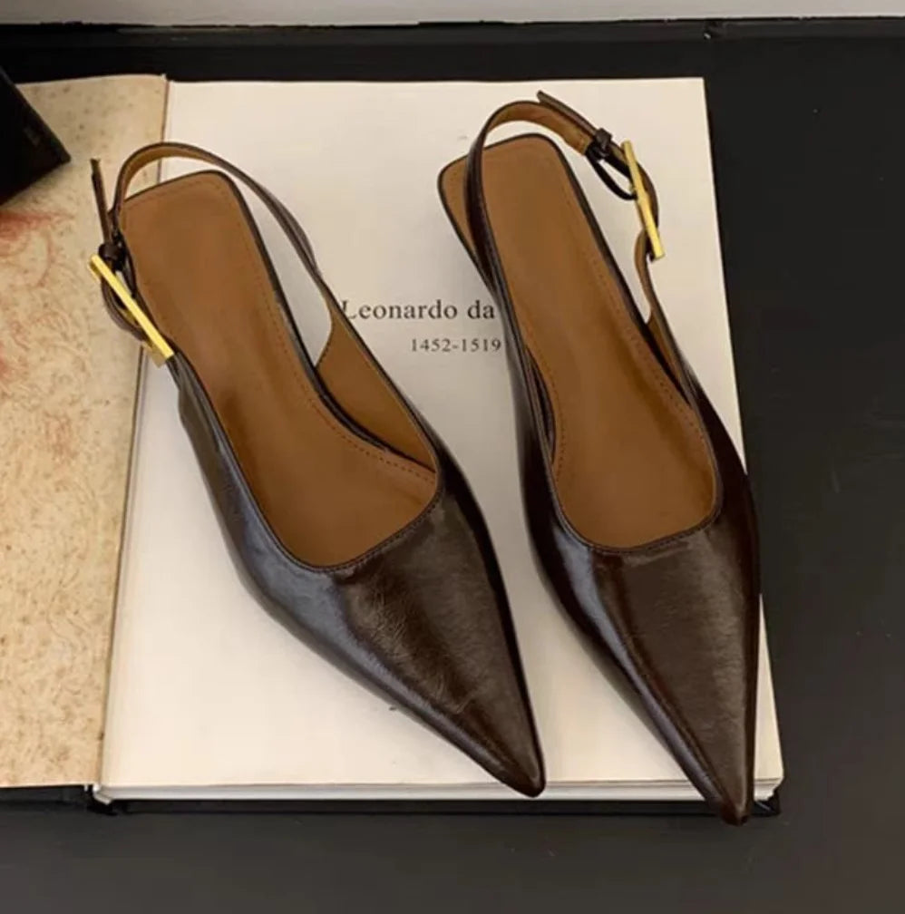 2025 Summer New Women Sandal Fashion Pointed Toe Shallow Slip on Ladies Elegant Slingback Shoes Thin Med Heel Dress Mules Pumps