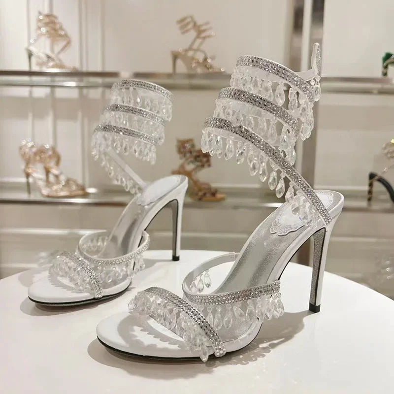Luxury High Heels Sandals Women Crystal Pendant Snake Twine Around Ankle Strap Wedding Shoes Summer Bohemian Sandals Woman