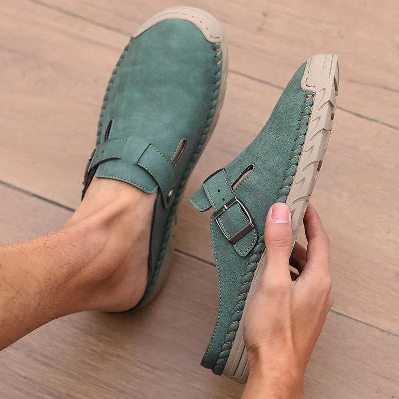 Business and Leisure Men's Mule Leather Loafers Soft Soled Driving Shoes Backless Slippers, Breathable Office Sandals, Plus Size