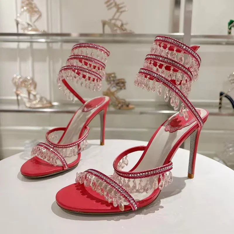 Sexy High Heels Gladiator Sandals Women Crystal String Bead Snake Twine Around Ankle Strap Wedding Shoes Summer Sandals Woman