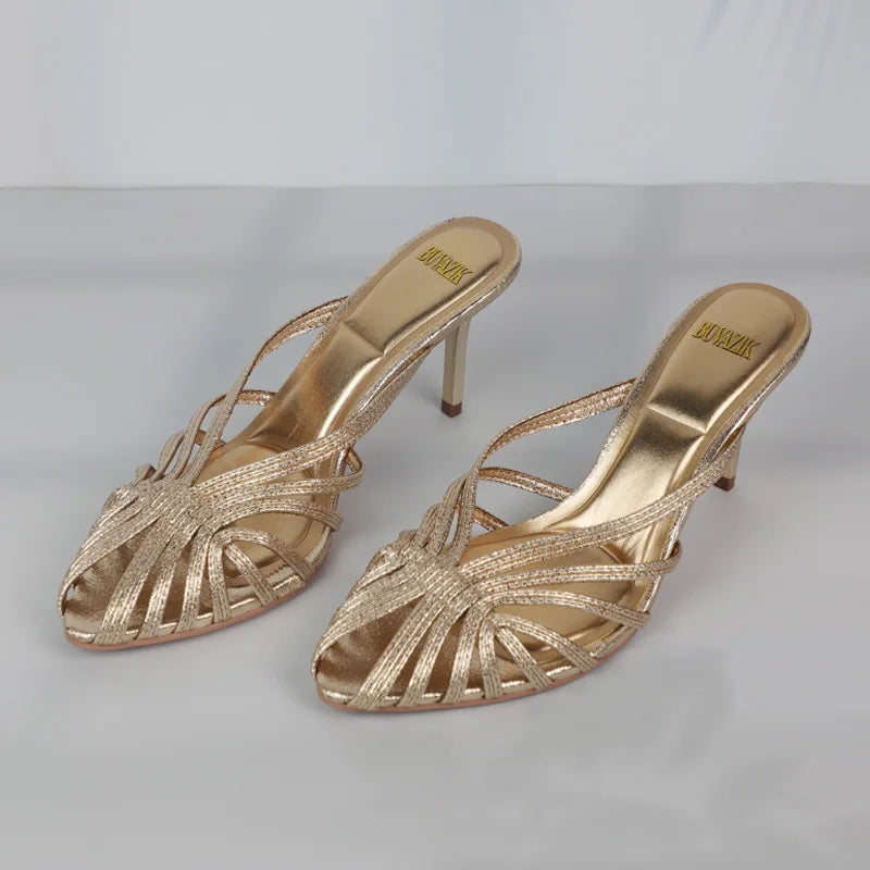 Women Shoes 2025 New Gold Hollow High Heels Luxury Pointed Toe Heeled Pumps for Women Office Mules Summer Stiletto Shoes Sandals
