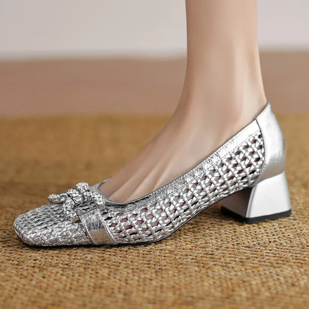 Women's genuine leather braided microfiber patchwork summer breathable pumps crystal buckle 4cm thick med heel daily dress shoes