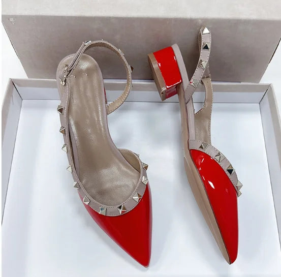 Women Real Leather Shiny Back Buckle Strap Fashionable Sandals European And American Style Trendy Shoes Closed Toe Gold Studs 42