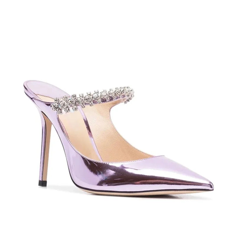 2026 New Fashionable Fine Heeled Muller Shoes with Pointed Water Diamond Chain Banquet Shallow Mouth Women's High Heel Sandals
