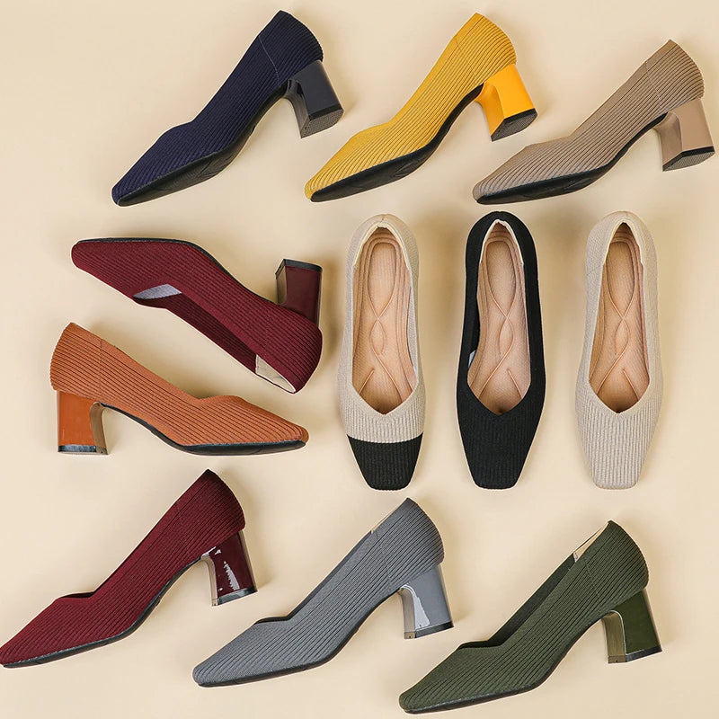 Women's High Heels Comfortable Square Knitted Breathable Comfortable Shoes (5cm High) Autumn 2025 New Collection