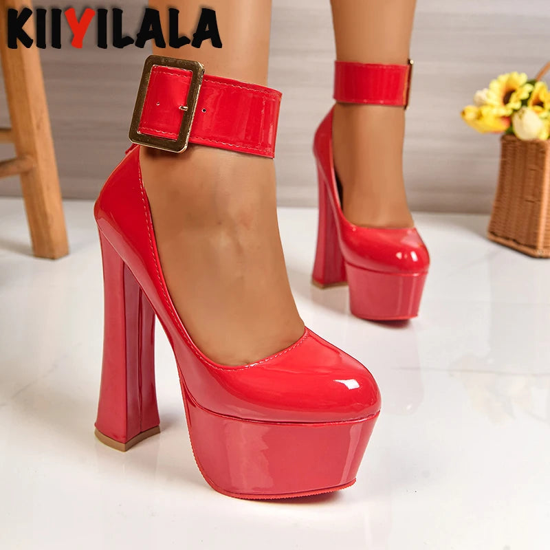 Women Fashion Platform Pumps 5.5cm Height 4cm Wide Gold Belt Buckle Strap Party Shoes 16.5cm Chunky Heels Dance Footwear Size 50