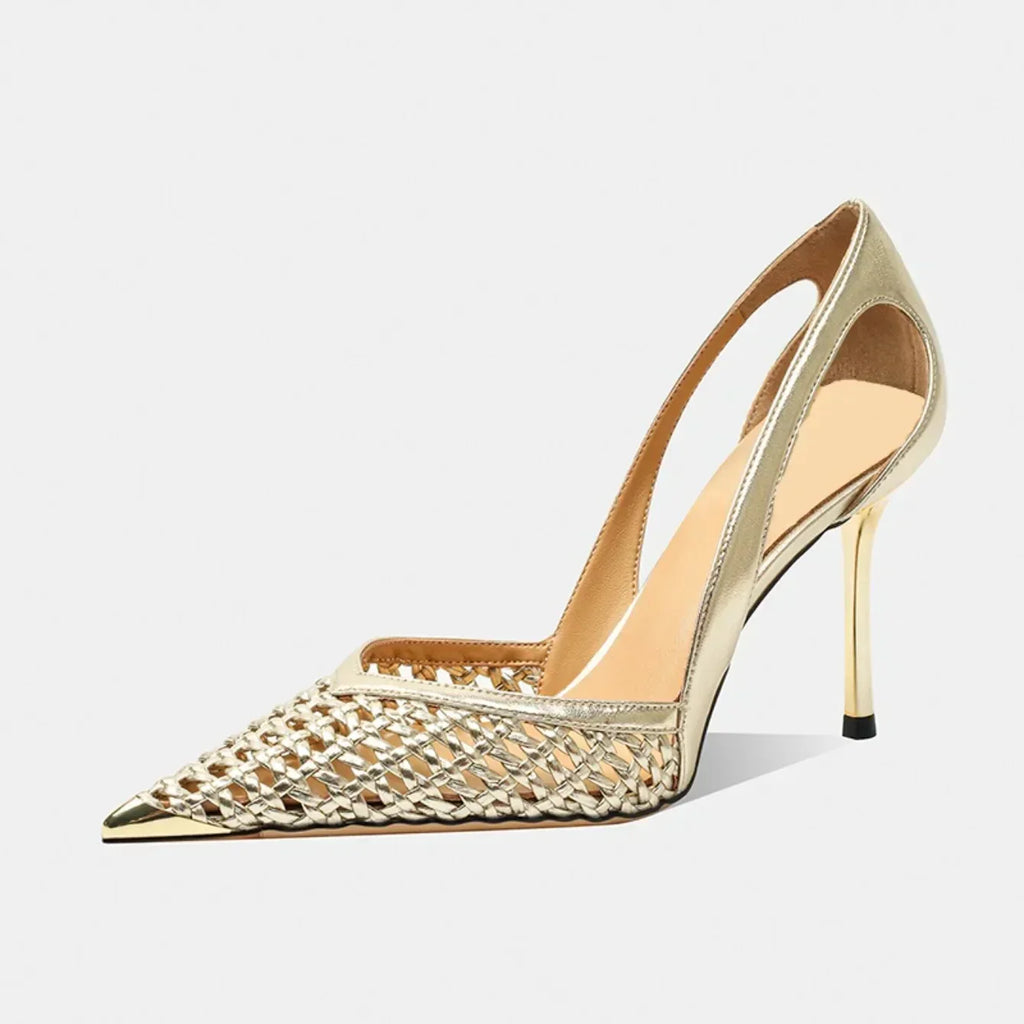 Women Hollow Sandals Elegant Pointed Toe Metal Straps High Heels Shoes Women Elegant Fashion Concise Sandals  Zapatos De Mujer