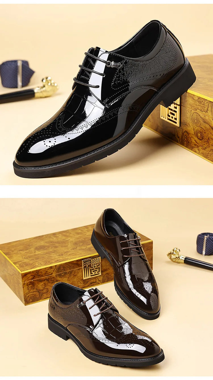 Lace Designer Fashion Business Casual Shoes for Men Spring Summer New Patent Leather Shoes Male Solid Color Wedding Shoe Man