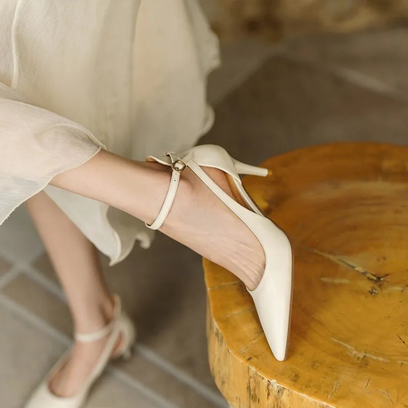 Spring Summer 2024 New Popular Women's Shoes Khaki Pointed Toe Thin Heel Strap High Heels Casual Flats Rubber Material