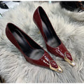 Designer Sexy Ladies' Elegant Retro Pointed-toe Shallow Mouth Gemstone High-heeled Metal Patent Leather One-strap Heel Sandals