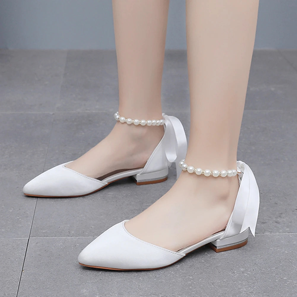 Crystal Queen Fashion Women Sexy Pumps Pointed Toe Buckle Strap Sandals Thick High Heel White Silk Beading Bride Shoes