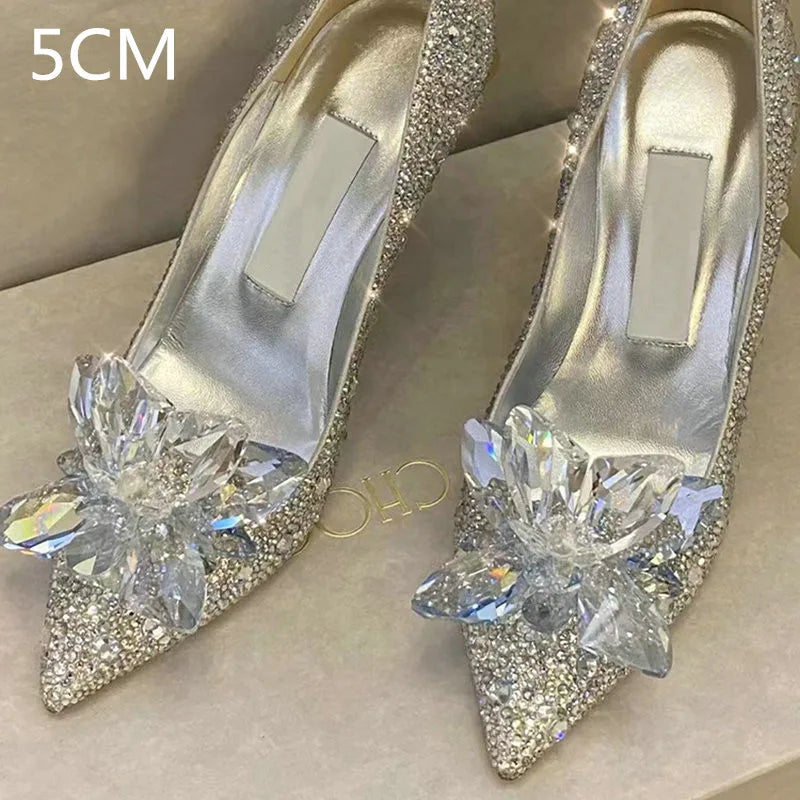 2026 Cinderella Crystal Wedding Shoes High Heels Autumn New Silver Full Diamond Bridal Shoes Rhinestone French Single Shoes