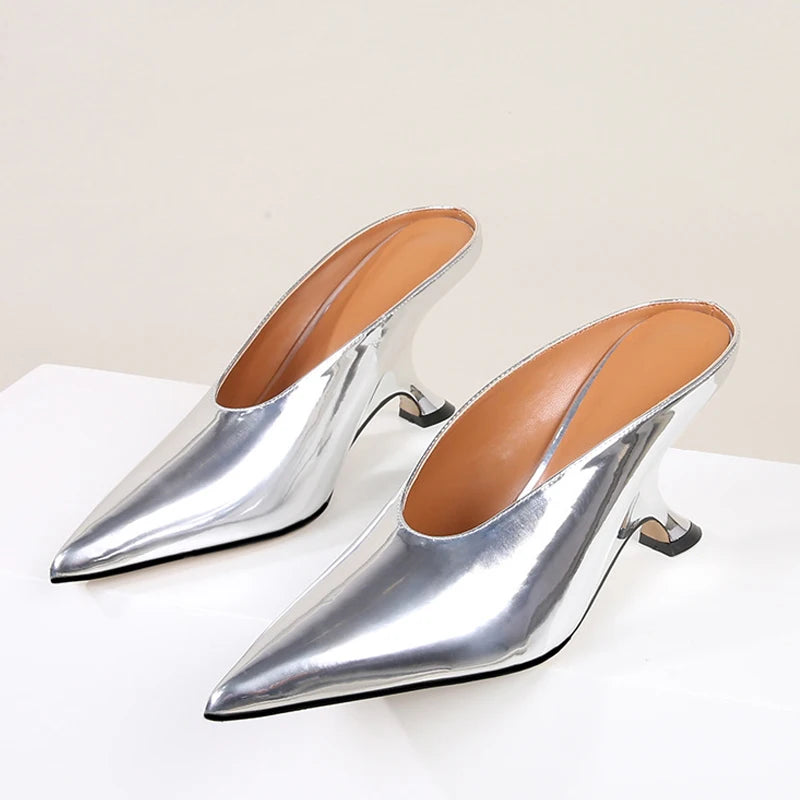 Aneikeh Fashion Silvery Sequined Women Slingbacks Pumps Pointed Toe High Heels Wedding Prom Ladies Shoes