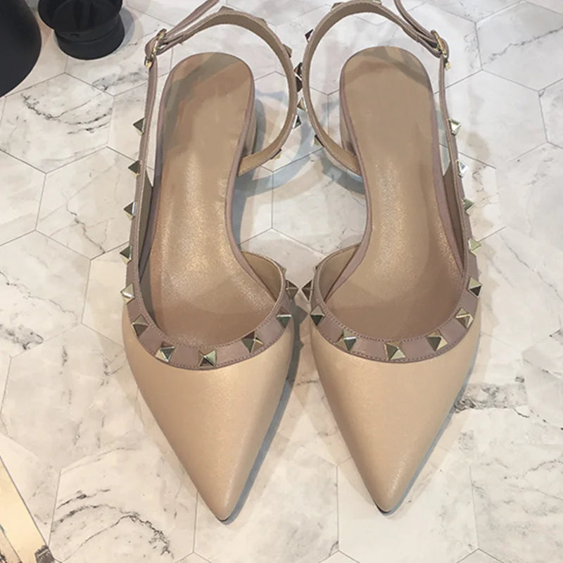 Women Real Leather Shiny Back Buckle Strap Fashionable Sandals European And American Style Trendy Shoes Closed Toe Gold Studs 42