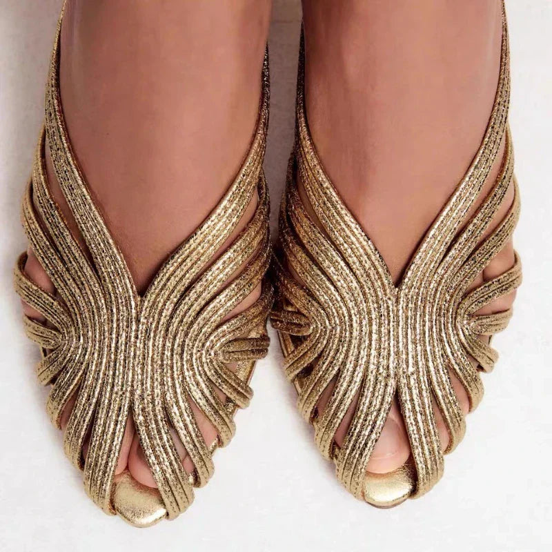 Gold Luxury Thin Heel Slippers Women Dress Shoes Summer New 2025 Hollow Beach Shoes Slides Designer Brand Sandals Ladies Pumps