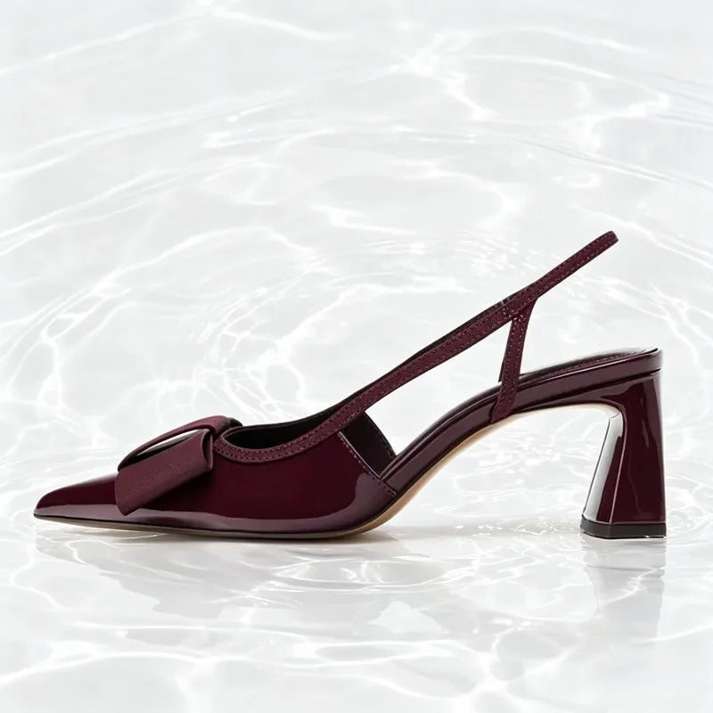 Sexy Burgundy Patent Leather Pointed Toe Pumps Women Fashion Bow Slingback Brand Designer Shoes Elegant Cozy Banquet Dress Shoes