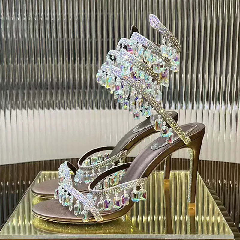 Luxury High Heels Sandals Women Crystal Pendant Snake Twine Around Ankle Strap Wedding Shoes Summer Bohemian Sandals Woman