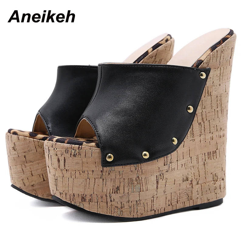 Aneikeh 2025 Summer Fashion Open Toe Sandals Platform Super High Heels Slip-on Metal Rivet Sandals Rome Party Women Mules black
