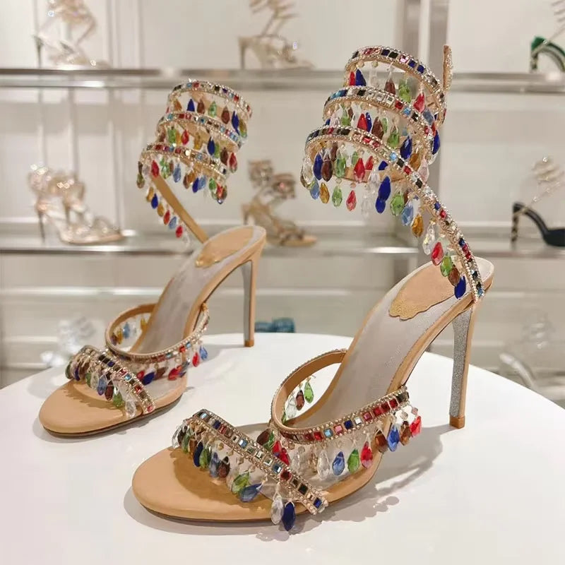 Sexy High Heels Gladiator Sandals Women Crystal String Bead Snake Twine Around Ankle Strap Wedding Shoes Summer Sandals Woman