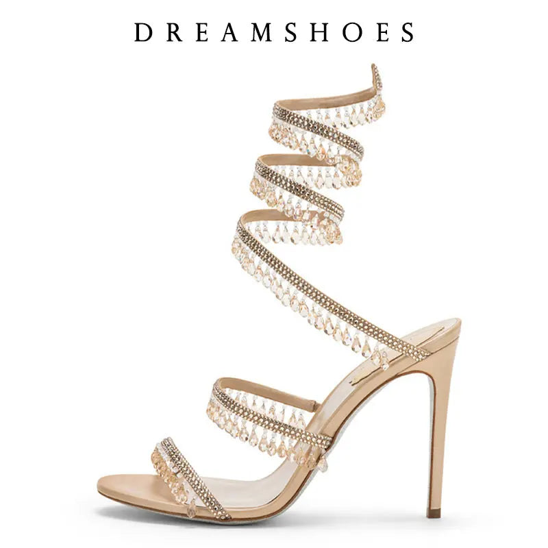 Women's New Shimmering Crystals Summer Shoes Tassel Crystal Shoes Sexy Banquet Party Twin Stiletto Women's Large Sandals
