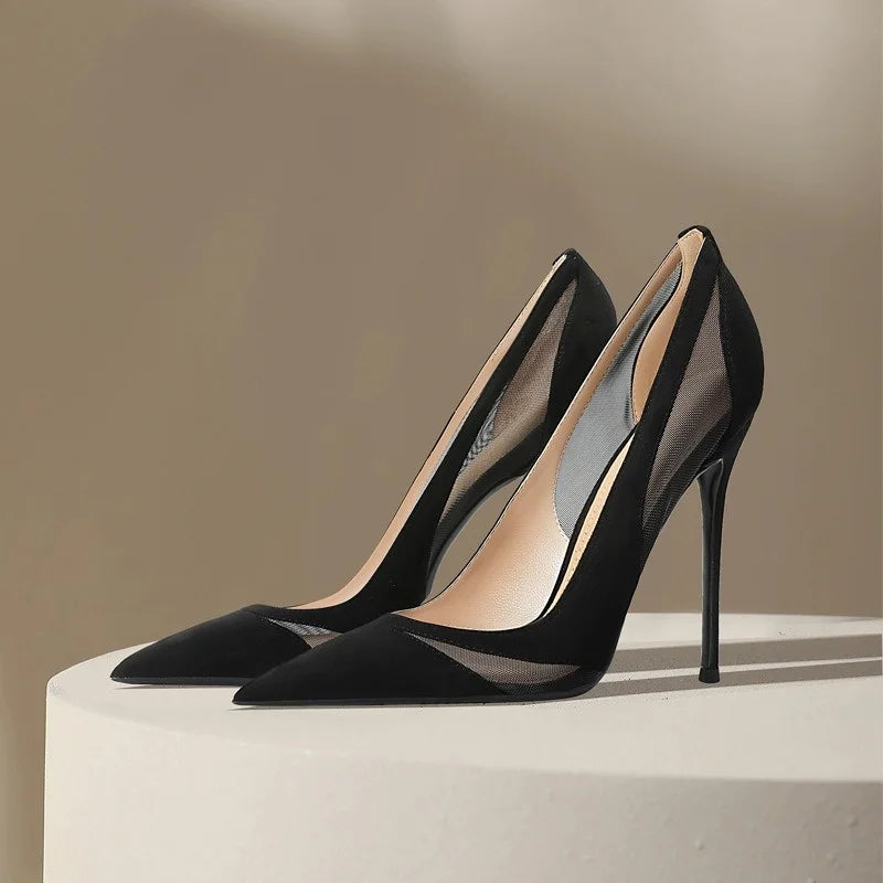 2026 Spring New Patchwork Mesh Silver High Heels For Women Pointy Shallow Mouth Temperament Slim Heel Shoes Wedding Pumps