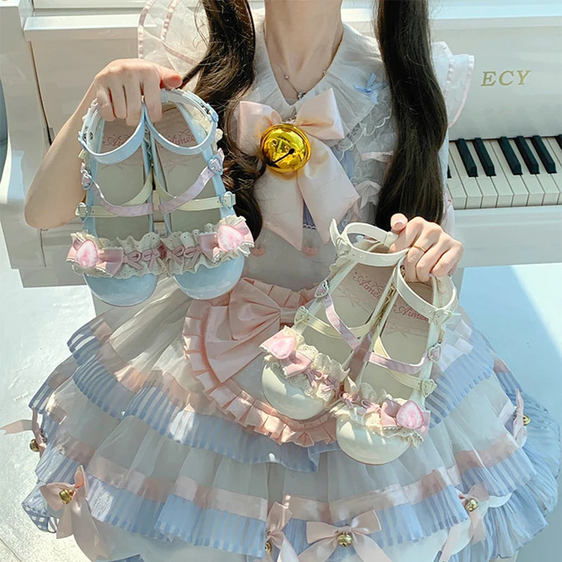 Sweet Girls Lolita High Heels Shoes ,Young Women Students Cute Lace Strawberry Bowknots Ankle Strap Mary Janes