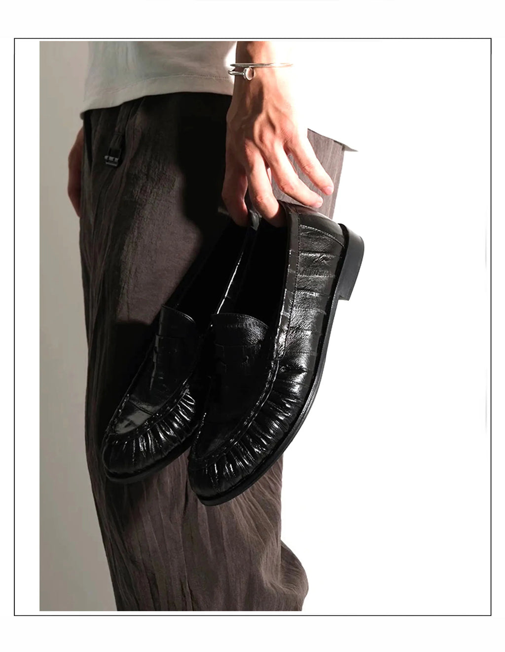 Loafers for men's eel skin pleated design a top layer cowhide slip in formal dress shoe suitable for casual work and commuting