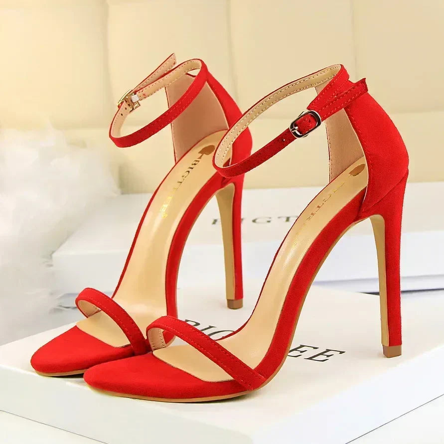 Women Gladiator Stiletto Classic Ankle Strap Holiday Beach Sandals Lady Fashion Suede 8cm 11cm High Heels Sexy Red Brown Sandles