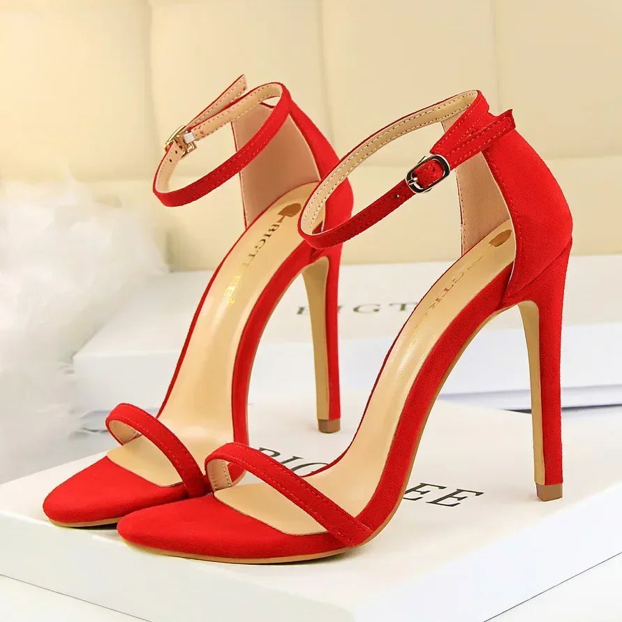 Women Gladiator Stiletto Classic Ankle Strap Holiday Beach Sandals Lady Fashion Suede 8cm 11cm High Heels Sexy Red Brown Sandles