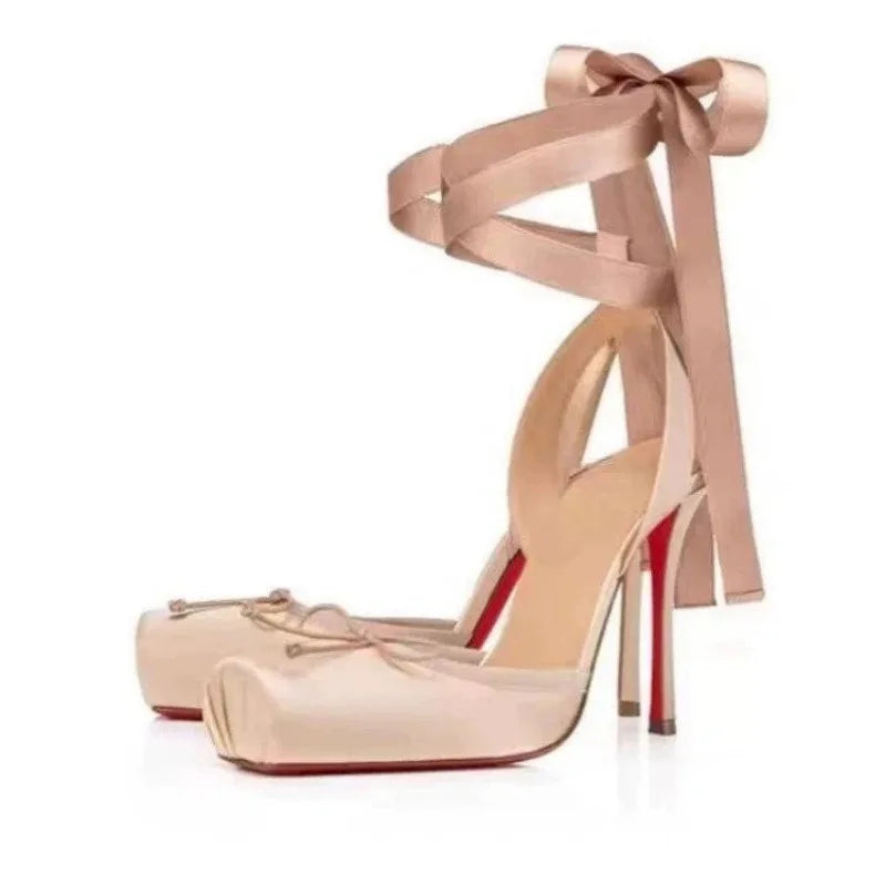 Balck Stain Lace Up Ballet Shoes Girl Pink Square Toe Bow Tie Stiletto Heel Ankle Strap Slingback Elegant Summer Sexy Pumps