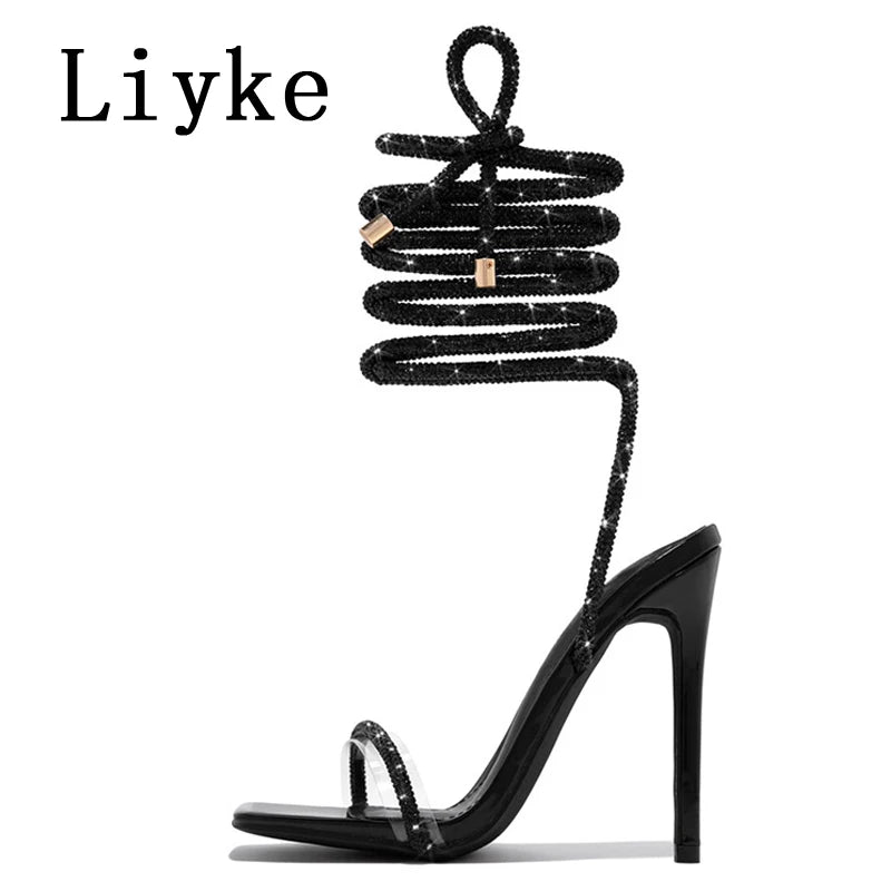 Liyke Fashion Glitter Rhinestones Women Sandals Crystal Ankle Strap High Heels Party Prom Shoes Lady Wedding Stiletto Sandalias