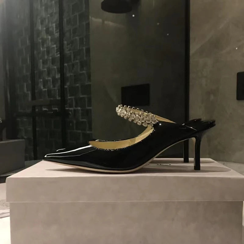 Elegant Leather Mules Pointed Toe Stylish Rhinestone Embellished High Heel Sandals Sophisticated Party Evening Shoes Footwear