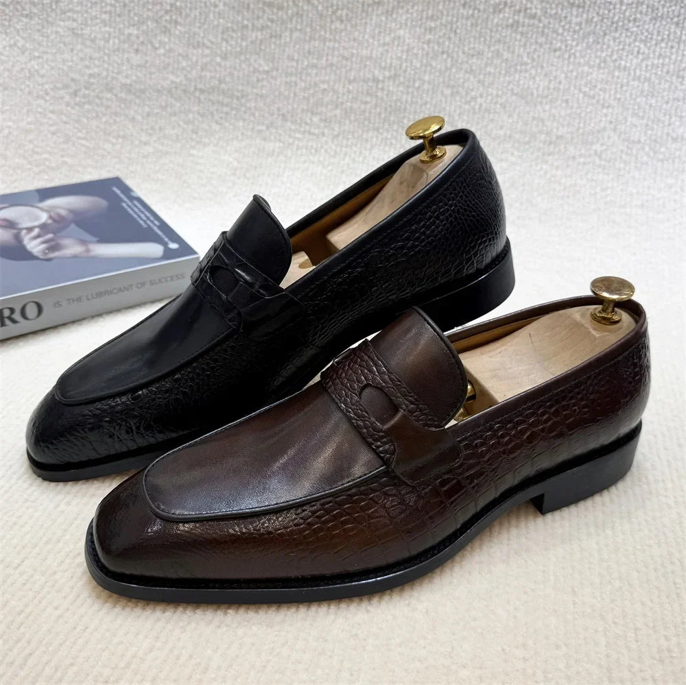 Luxury Men's Genuine Leather Dress Shoes Crocodile Print Wedding Loafers Double Buckle Business Office Formal Slip-On Shoes