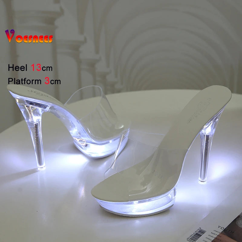 Summer Led Illuminated Women Slippers Super High Heel 13cm Crystal Ankle Buckle Sandals Transparent Platform Female Party Shoes