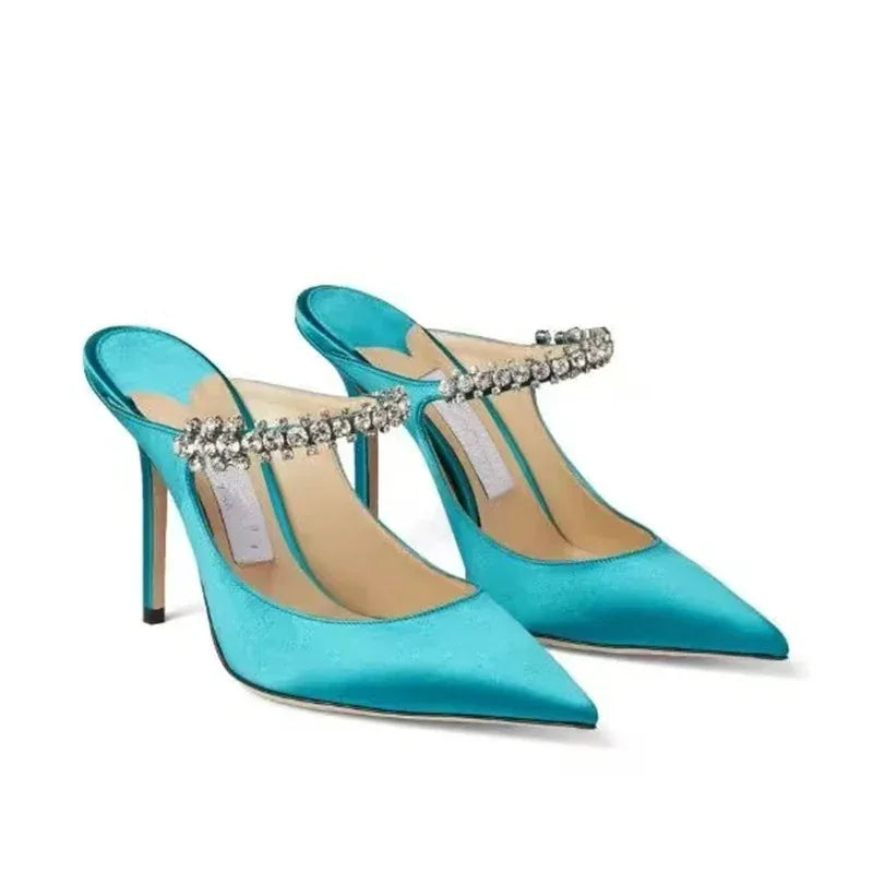 2025 Summer New Pointed High Heels Women's Muller Shoes Transparent Water Diamond Sexy Fashion Thin Heel Women's Sandals