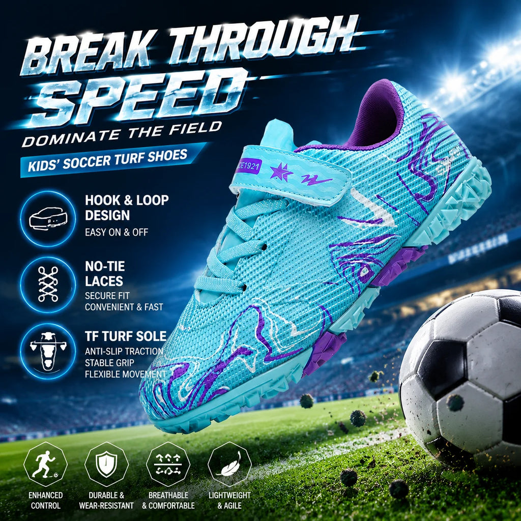 Double Star Children's Football Shoes, Velcro Without Tie Straps, TF Sole Nail Anti Slip Grip, Elementary School Football Shoes