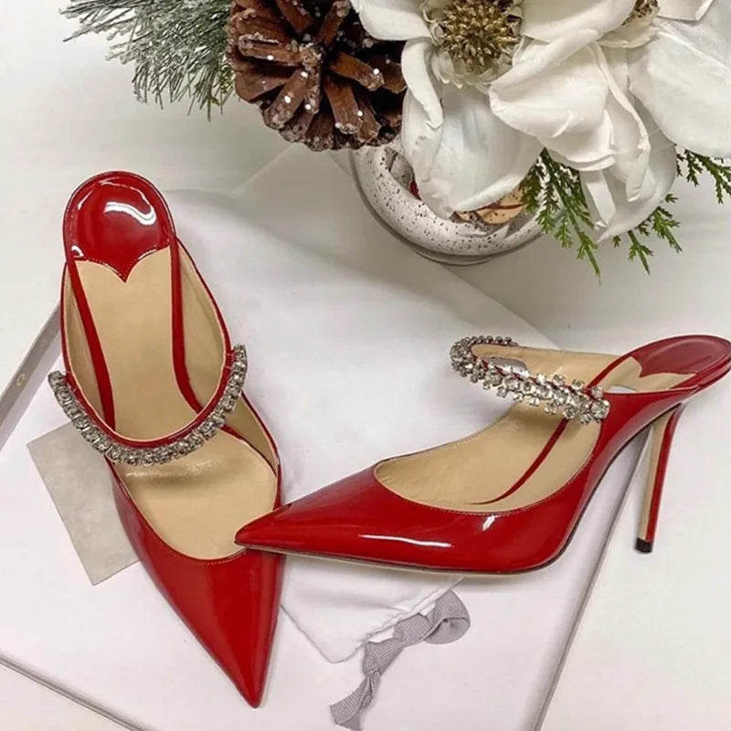 2026 New Fashionable Fine Heeled Muller Shoes with Pointed Water Diamond Chain Banquet Shallow Mouth Women's High Heel Sandals