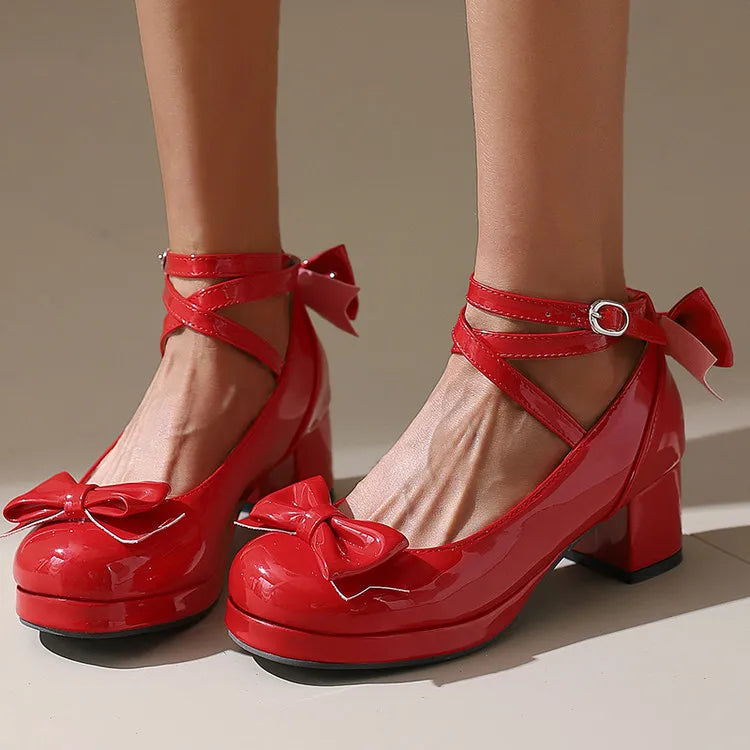 NASBAVI Lolita Platform High Heels Cross Strap Mary Jane Pumps Sweet Bow Women Shoes Purple Ladies Princess Thick Heel Shoes