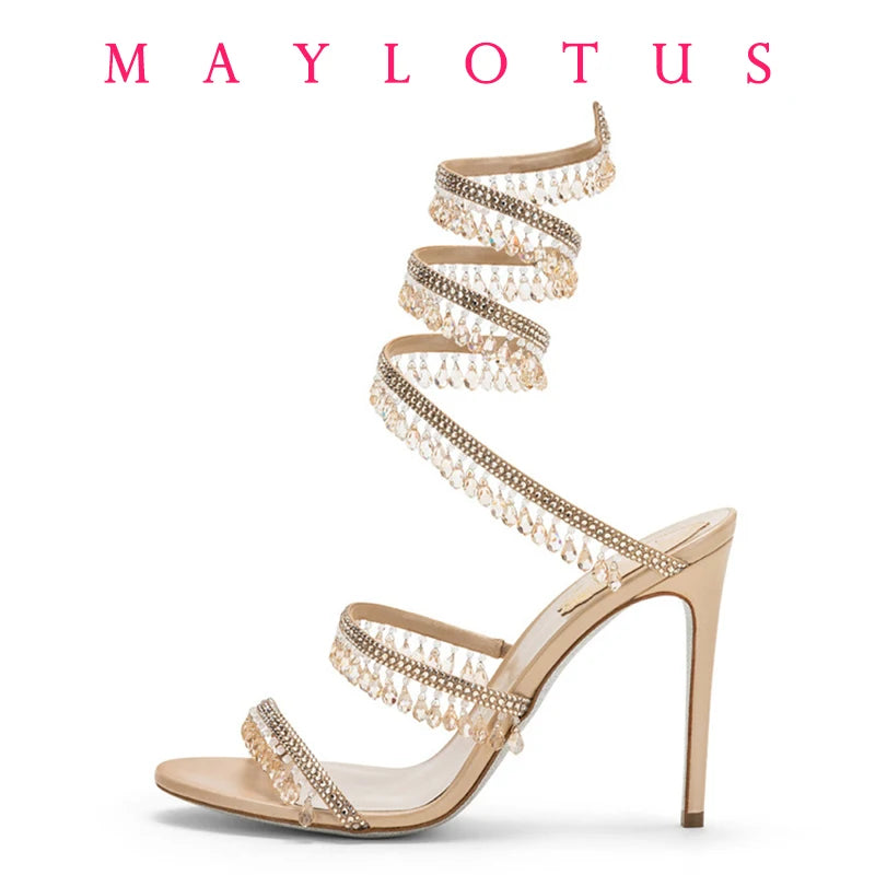 Spring/Summer New Water Diamond Jewel Wrist Wrapped Snake-shaped High Heel Sandals Sexy Large Size Shoe Girl Women Sandals