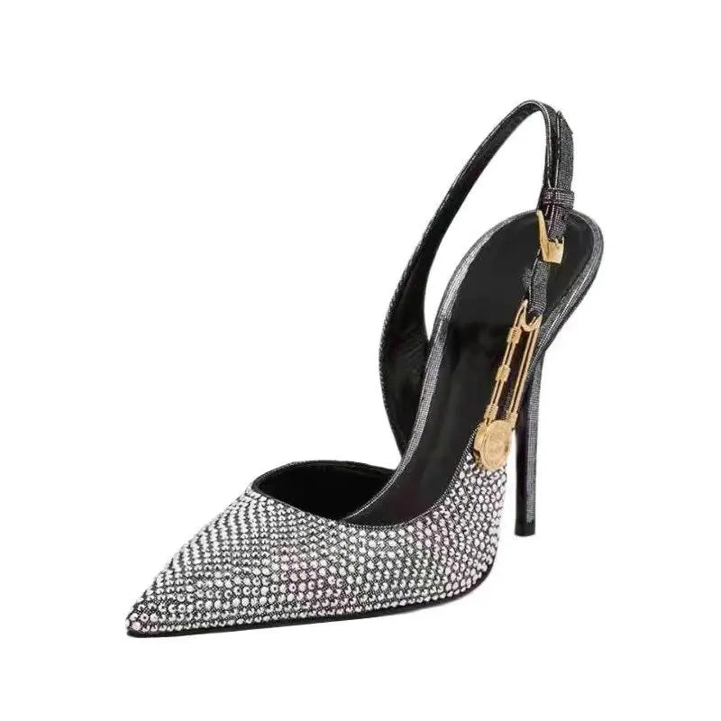 Bling Diamond High Heels Women 2026 Spring Pumps New Pointy Head After Empty Sexy Metal Girl Temperament Baotou French Sandals
