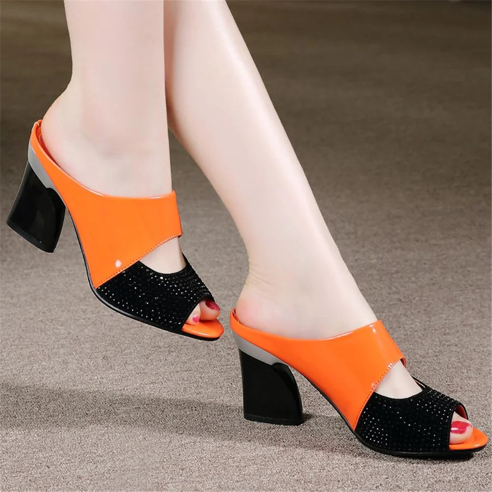 cresfimix women classic orange comfort spring slip on square heel sandal shoes lady casual black soft leather heel shoes ab642