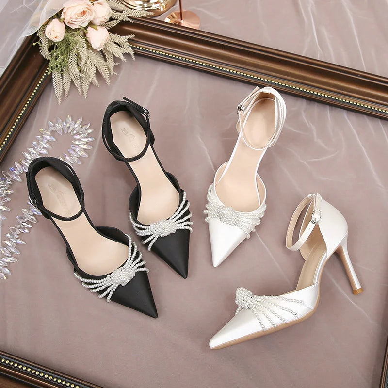 2026 New String Bead Pumps Pointed Thin Heels White Wedding Shoes Bridesmaid High Heels Sexy Satin Single Shoes