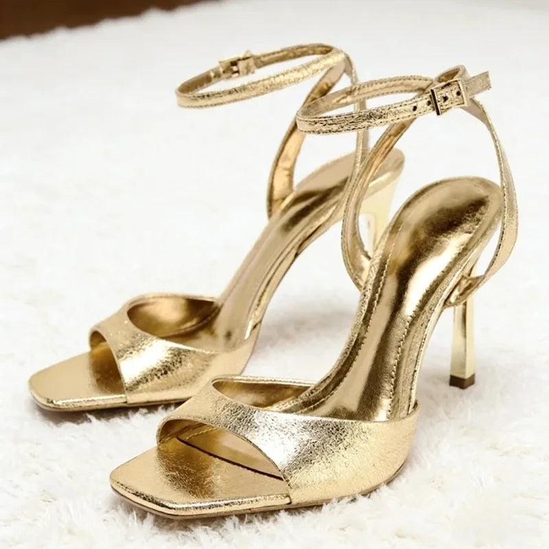 Gold Patent Leather Ankle Buckle High Heeled Sandals Women Sexy Square Toe Open Toe High Heels Summer Fashion Party Office Shoes